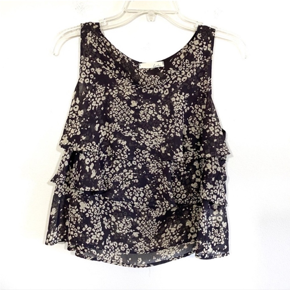lush cheetah print ruffle layered sleeveless blouse sheer business wear Sz M
